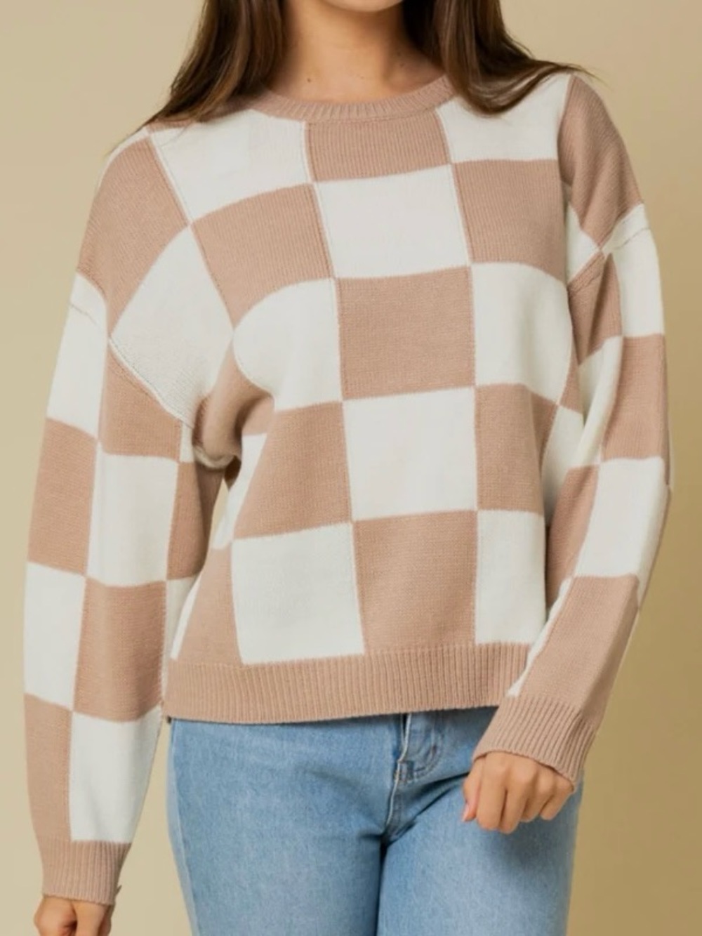 Gilli Tan & White Checkerboard Block Plaid Sweater Small Neutral Preppy